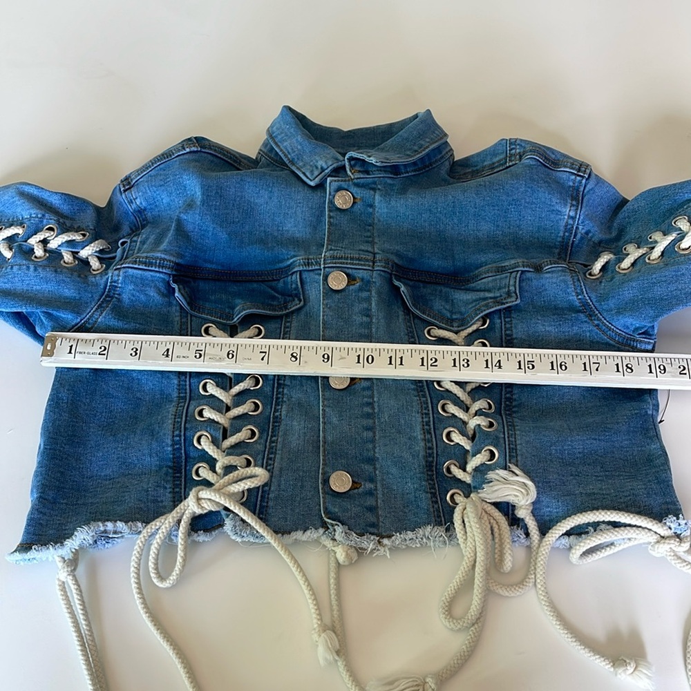 Azalea Wang Lace Up Cropped Denim Jacket Button Front Festival Boho Size S - Picture 7 of 11